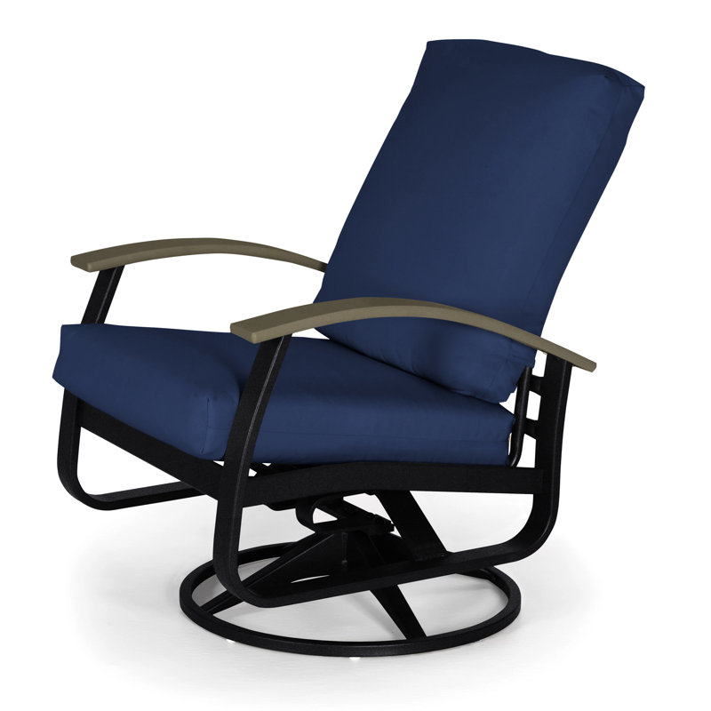 Chaise de patio pivotante avec coussin Askar, Noir texturé, Toile bleu marine Sunbrella®, Bois de plage P40