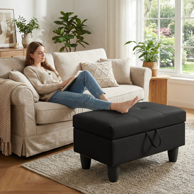 Rectangular Storage Ottoman Bench With Hinged Lid, Faux Leather Footrest For Living Room, Bedroom, Entryway, Black, 28.5"X19"X17.5"