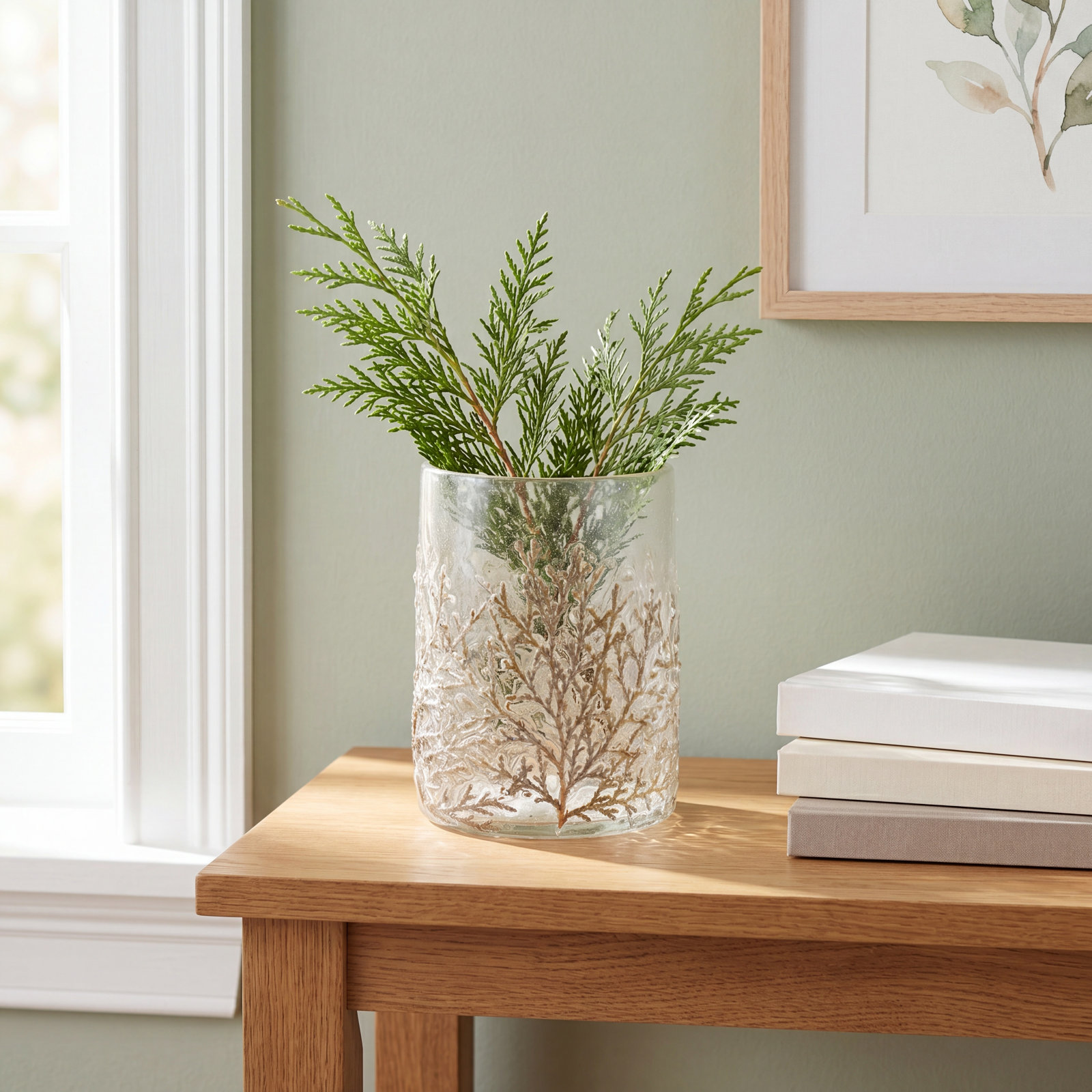 Dried Cedar Glass Candle Holder 4.25"H