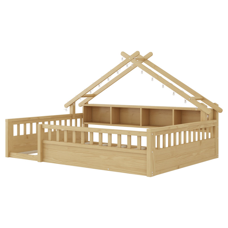 Full Size Floor Bed with Light, Wood Floor Bed with Storage Bookshelves, Floor Bed with Roof Shape for Kids,Natural, Full