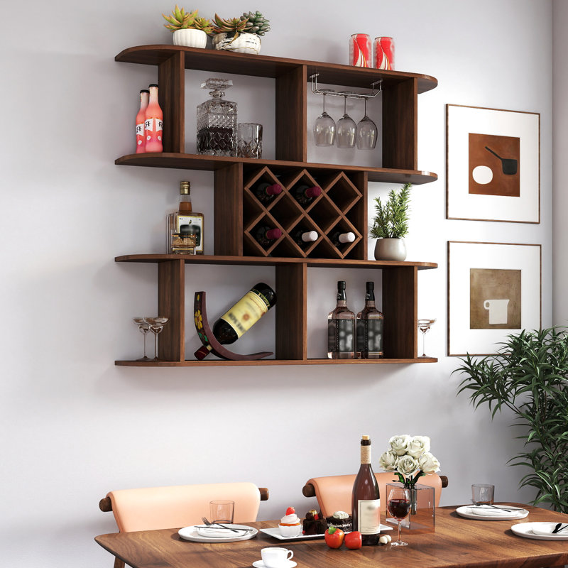 Support à vin mural multifonctionnel à 3 niveaux avec support en verre pour tablette de bar à la maison, panneau de particules en noyer, 46,47 po de profondeur, 8,84 de largeur, 39,95 de hauteur, 50,6 lb de poids