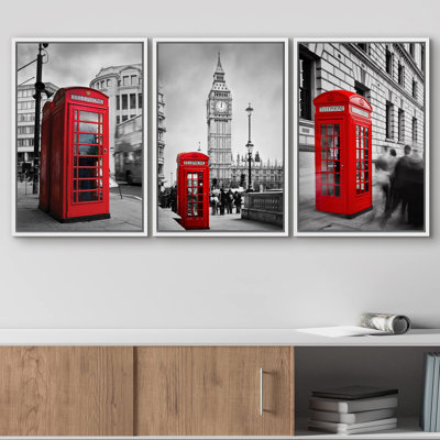 Red Color Splash Phone Booth with Black and White Cityscape Background Modern Wall Decor
