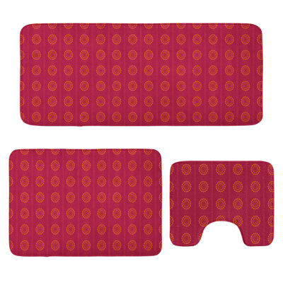 Eastern Bathroom Rug Set 3 Pieces U-Shape & Rectangle Mats Scarlet and Maroon