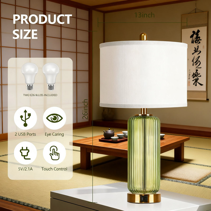 Touch Control Table Lamps Set Of 2, 3-Way Dimmable Nightstand Lamps With Vertical Grained Glass And Dual USB Charging Ports, Modern Bedside Lighting For Bedroom