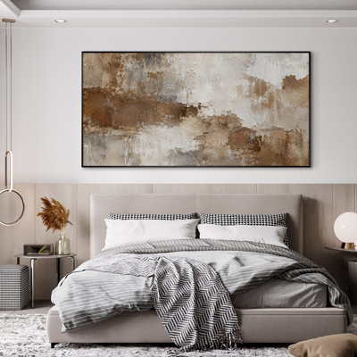 Très grand art mural imprimé sur tissu - Brun, formes neutres abstraites, décor de salon contemporain - «Assemblage requis du cadre (cadre non fini)»