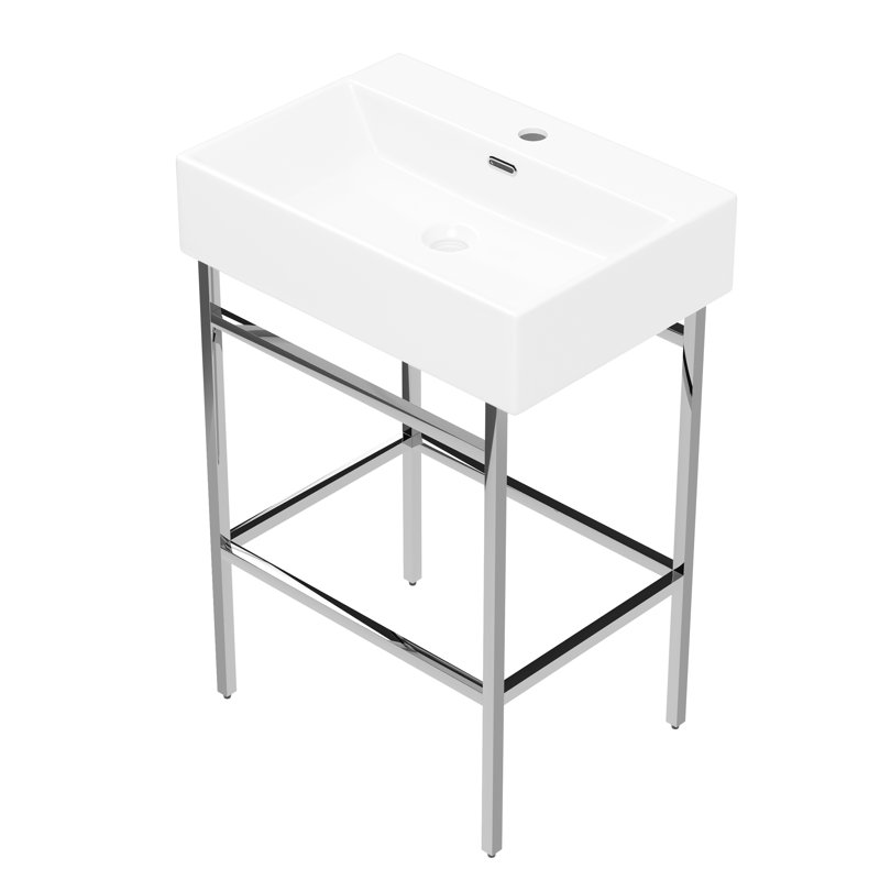 Silver Ceramic Wall-Mount Console Bathroom Sink with Stainless Steel Bracket