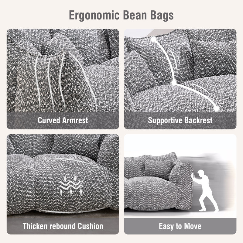 Compressed Sofa, Two-Seat Bean Bag Sofa With Pillows And Armrests For Bedroom Living Room, Gray Fabric
