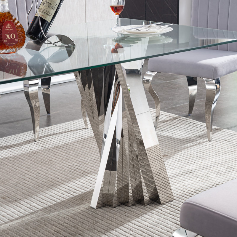 Merrimack Glass Top Metal Base Dining Table, Silver