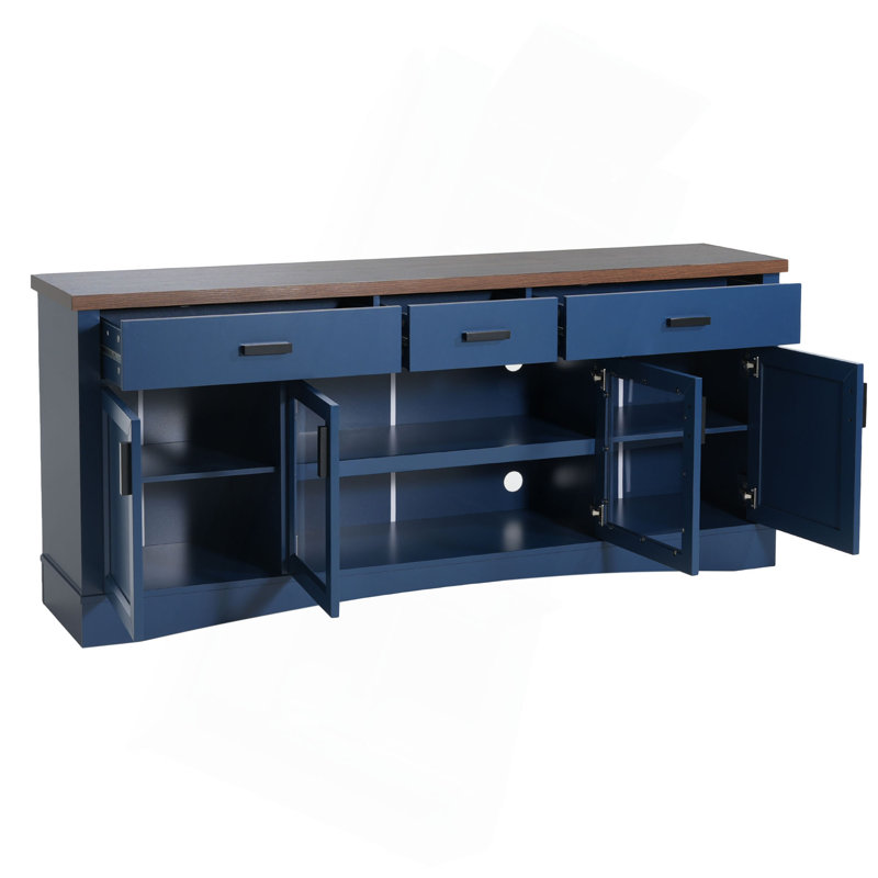 Console de télévision moderne, meuble télé d'une largeur de 67 po, portes et tiroirs de rangement en verre, tablettes réglables