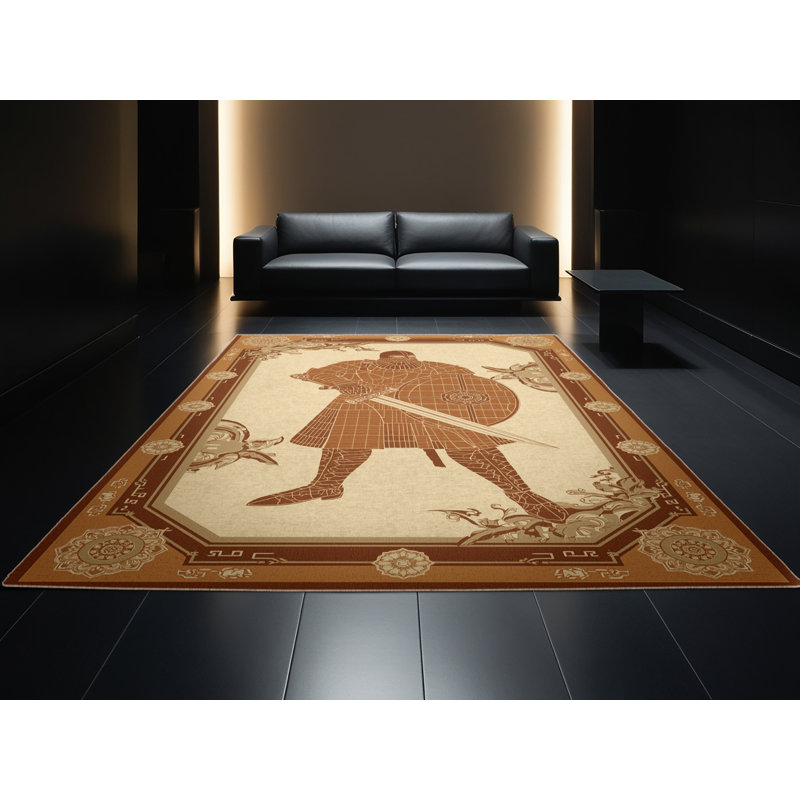 Tapis oriental traditionnel lavable à la machine Cilegon Highland Warrior en brun - reliure beige, 7 x 10