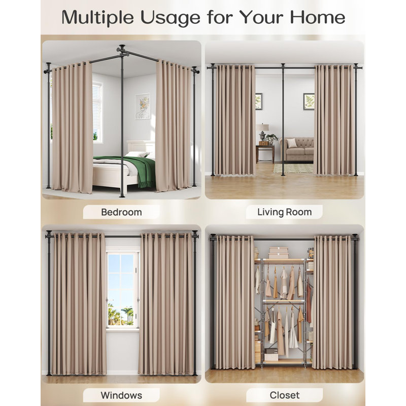 Tringle à rideaux pour cloison de séparation, séparateur mural réglable pour la séparation des pièces, 63 à 130 pouces (H) et 31 à 135 pouces (l), sans perceuse, trois options de fixation, idéale pour créer un espace d'intimité, noir