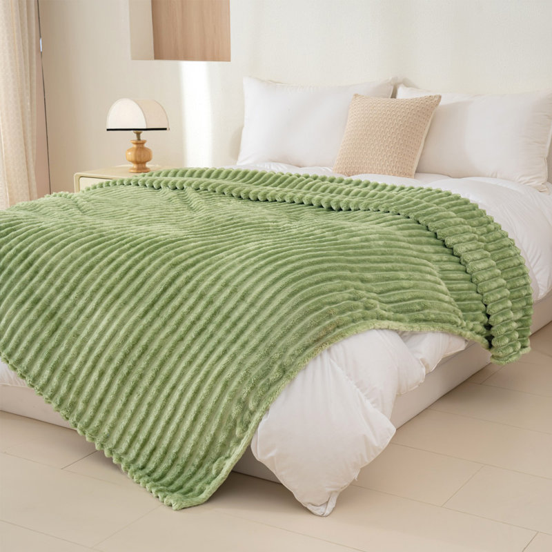 Striped Plush Lightweight Throw Blanket, Ultra Soft & Cozy for Sofa Couch Bed, Machine Washable, 200cm x 230cm, Green