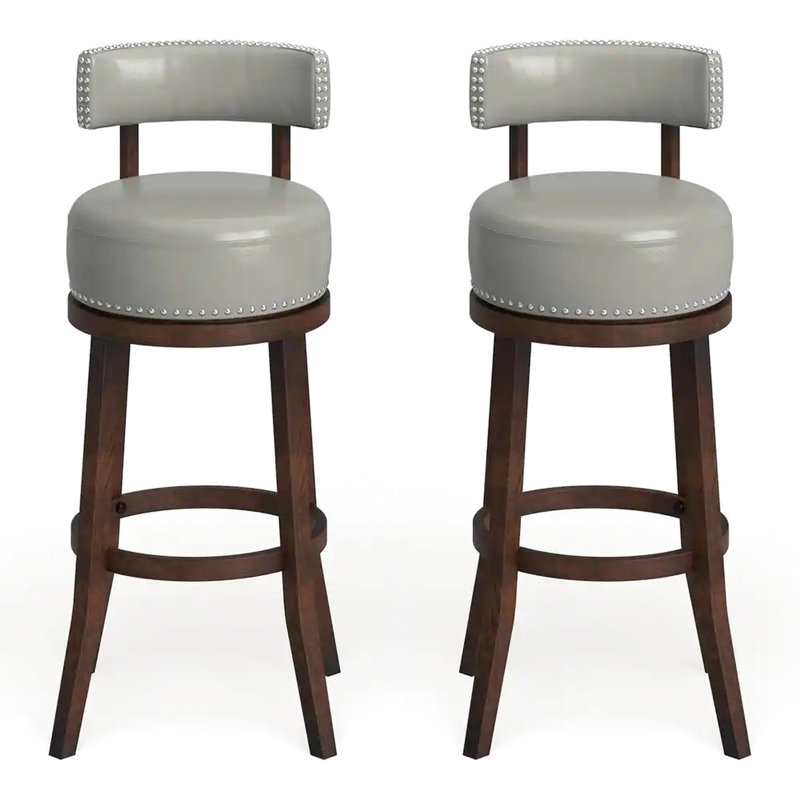 Tabourets de bar pivotants, en bois massif de chêne foncé et gris, chaises de salle à manger transitionnelles, siège rembourré et garniture cloutée envoûtante de 2 tabourets, style pour la salle à manger, ravissant