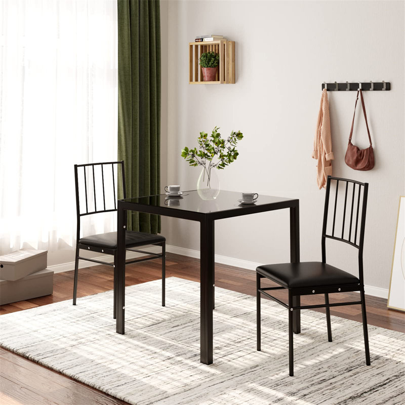 Dorrien Square Glass Top Dining Table with Iron Base, Black