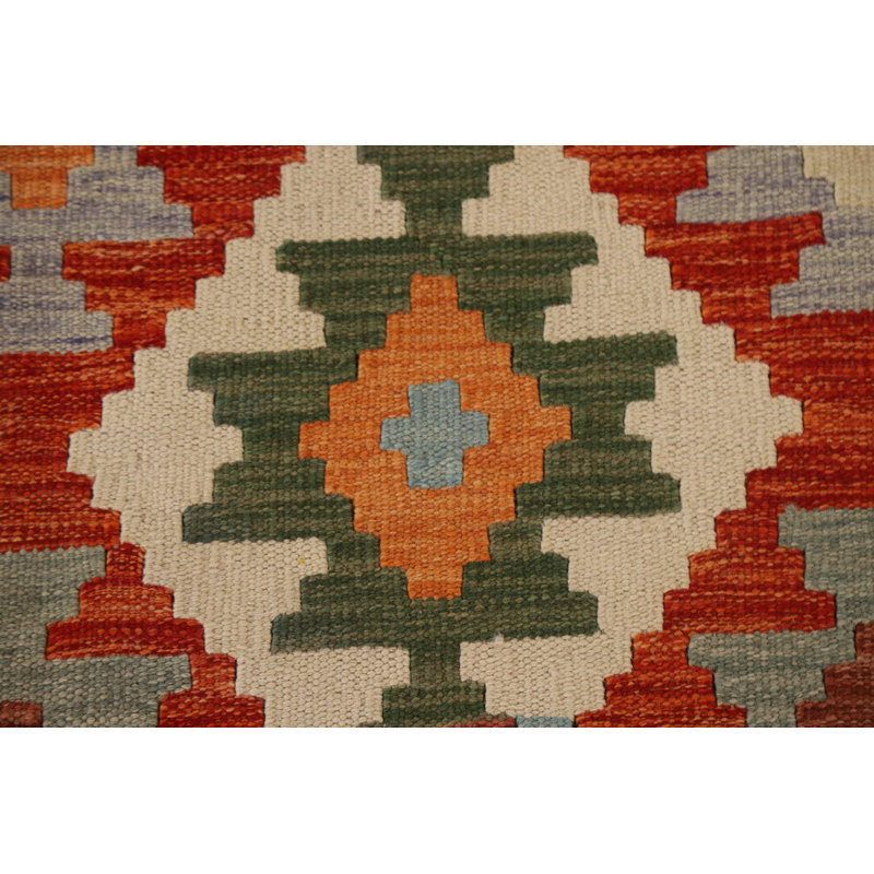 Geometric Handmade Flatweave Rectangle 4'9" x 6'4" Wool Area Rug in Red/Blue/Orange