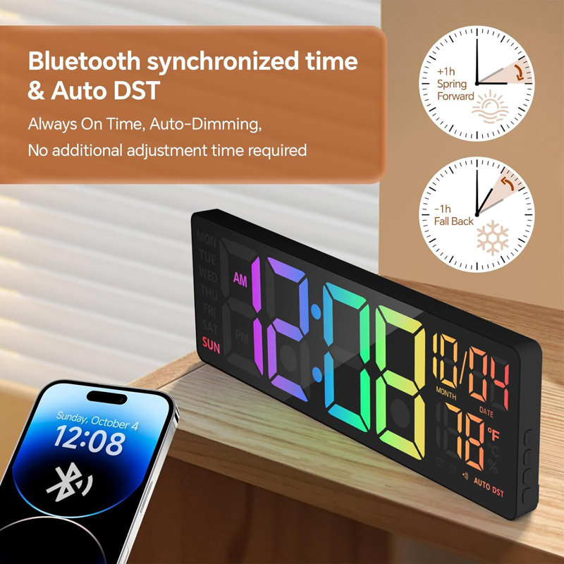 Digital Wall Clock  Large Display 16", With Night Light, Digital Clock With 11  Rgb Colors Changing Remote Control, Dual Alarm, Dimmer, Auto Dst