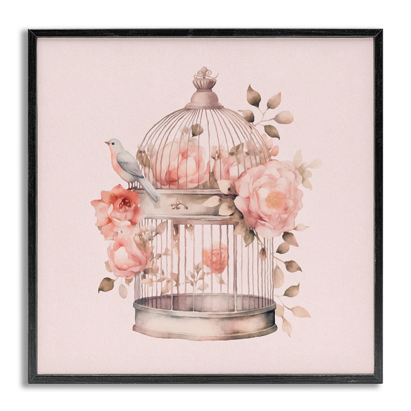 Cage à oiseaux avec giclée de roses en fleurs par Andrea Haase, Estampe numérique Farmhouse, H 17 po x l 17 po