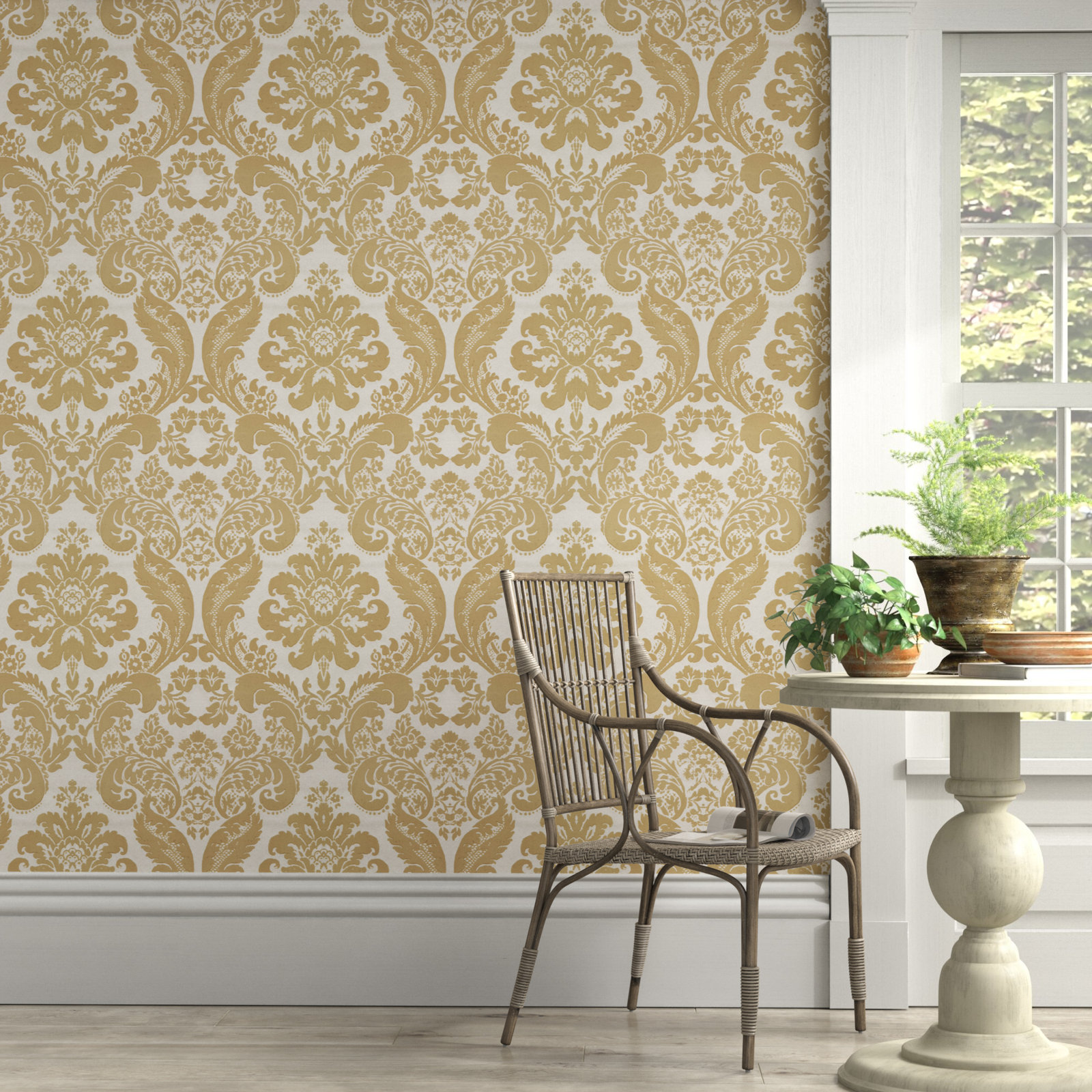 Melvin Damask Wallpaper, Khaki