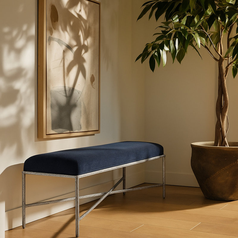 Banc en tissu Iyania Chenille, Tissu chenille bleu marine, Argent argent