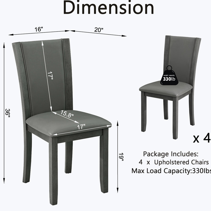 Ensemble de 4 chaises d'appoint en bois gris, hautes, revêtues de similicuir teinté, avec pieds antidérapants et assise rembourrée. Structure en bois massif, rembourrage en mousse à mémoire de forme, design compact.