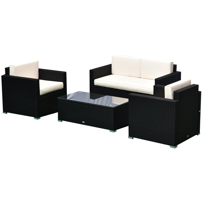 Ensemble de conversation en rotin avec coussins Phillipsville, Structure noire / coussin blanc crème