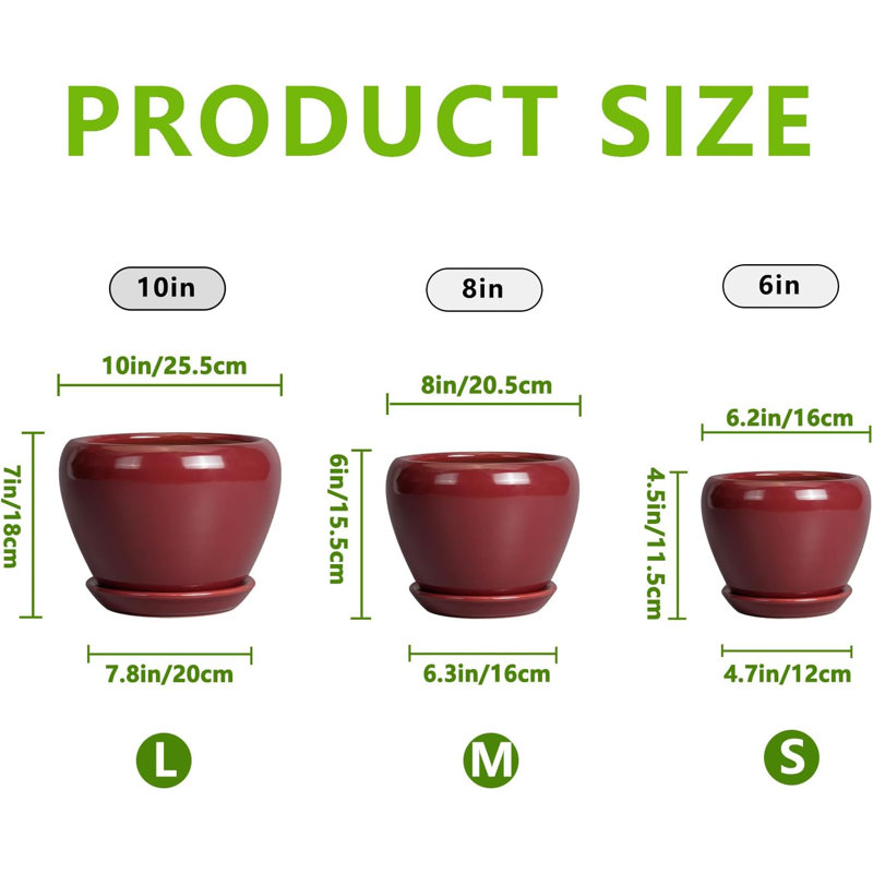Ensemble de 3 jardinières en céramique rouge (10 po, 8 po, 6 po) avec trous de drainage et soucoupes