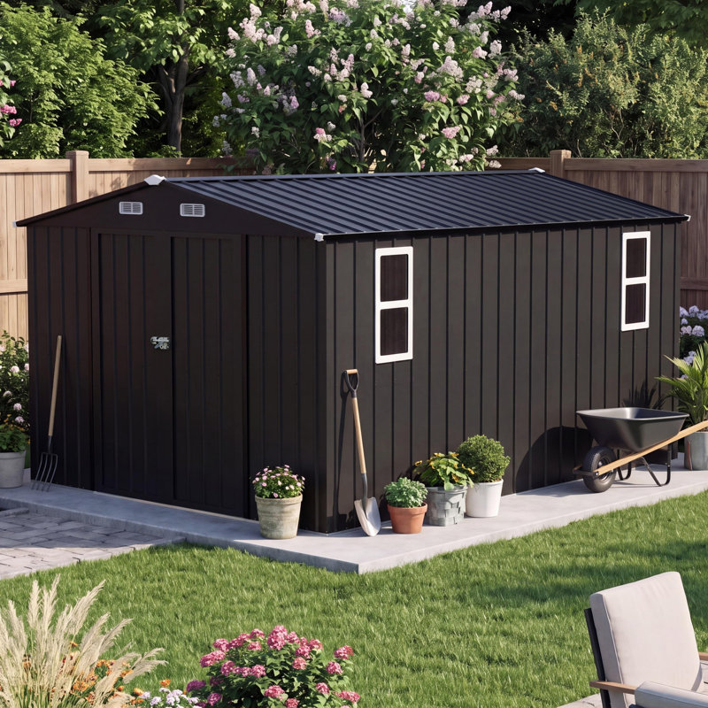 Remise de rangement extérieure 10 'x 12' avec fenêtres, remise à outils de jardin en métal galvanisé, Noir