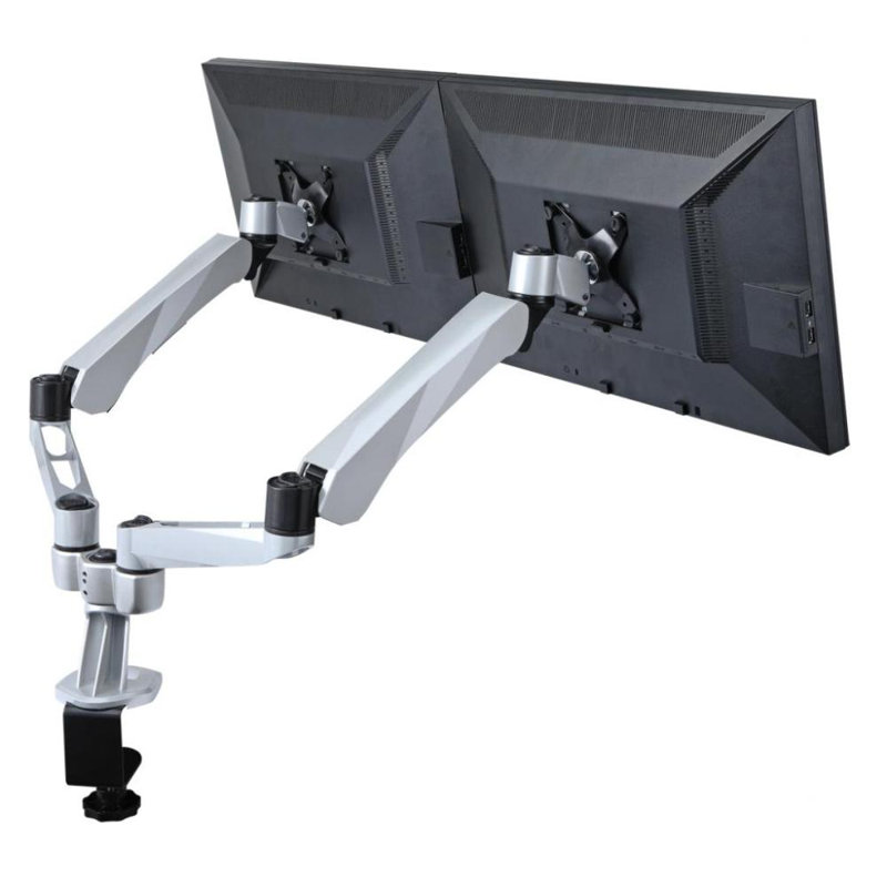 Silver Dual Monitor Full-Motion Desk Mount with Clamp Base