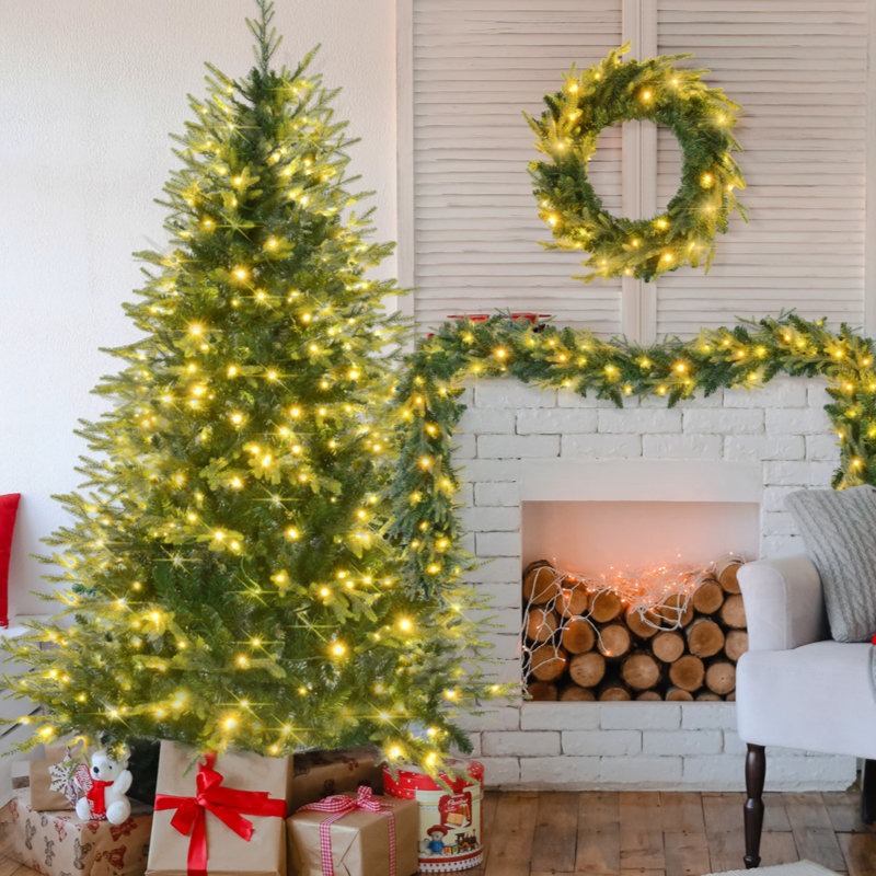 6FT Pre-Lit Aspen Fir Artificial Christmas Tree With Wreath & Garland,Grass  Xmas Tree With 380 Multi-Colour LED S, 11 Ing Modes, 861 PE Branch Tips,  Indoor Holiday Decor