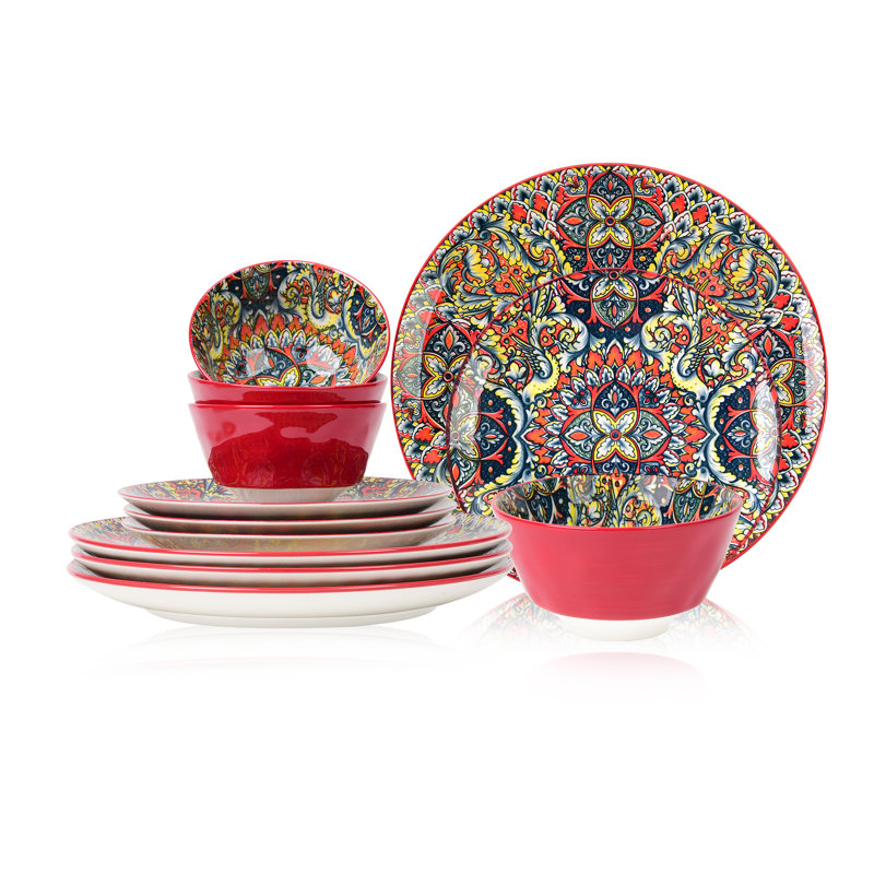Martaja 12 Piece Ceramic Dinnerware Set - Service for 4, Blue/Red