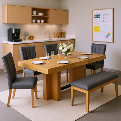 Ensemble de table de salle à manger extensible 6 pièces en bois massif avec 4 chaises rembourrées et banc - 6 places