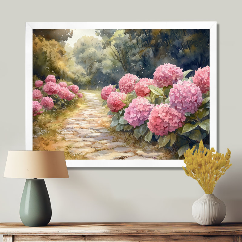 Hydrangeas By The Stone Path I - Hydrangea Wall Art for Living Room, Reproduction encadrée d'une seule photo, Blanc