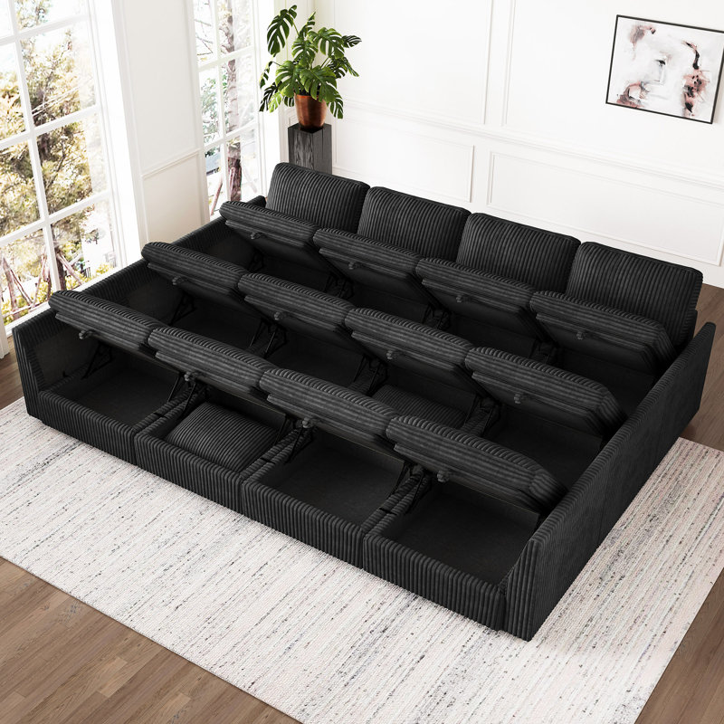 Divan-lit modulaire convertible Hutcheson, Velours côtelé noir