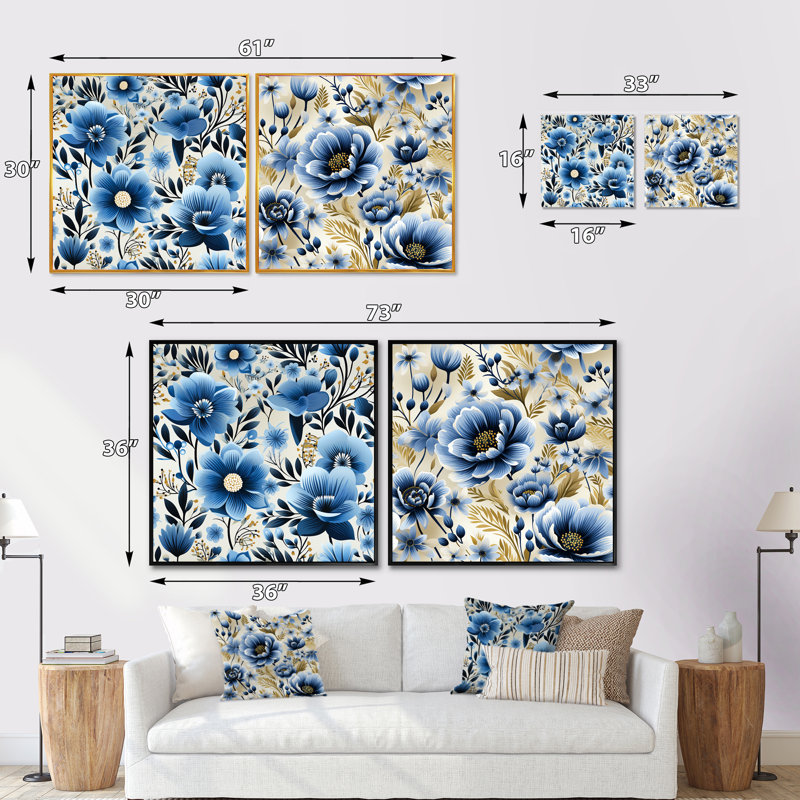 Heise - Ensemble de 2 collages floraux carrés, Cadre flottant noir, H 16 po x l 33 po