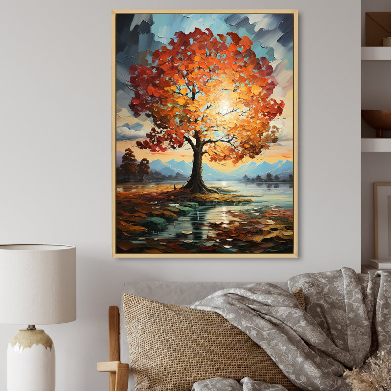 Orange, bleu sarcelle, érable majestueux, érable, art mural encadré, H 32 po x l 24 po x P 1 po, Cadre flottant érable