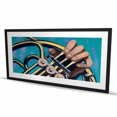 «Musician with French Horn - Modern Turquoise», reproduction encadrée