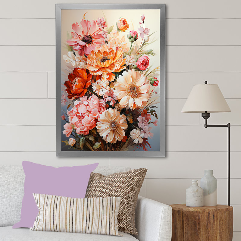 Fleurs saisonnières, coucher de soleil sur toile, Cadre simple argenté, H 32 po x l 16 po x P 1 po