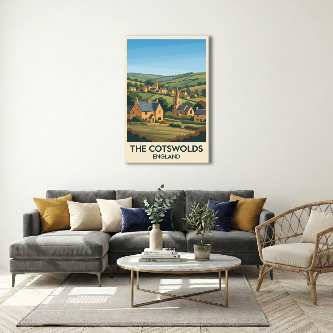 The Cotswolds, England - Romantic Travel Poster Of Honey-stone Villages And Rolling Hills. Giclee Print On Wrapped Canvas. Wall Art, Home Decor - Regi