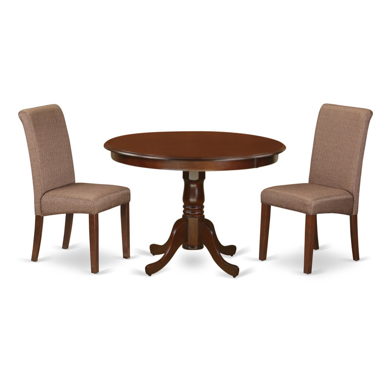3 Piece Dining Room Table Set Contains a Round Kitchen Table with Pedestal and 2 Brown Linen Linen Fabric Parson Dining Chairs, 42x42 Inch, Mahogany