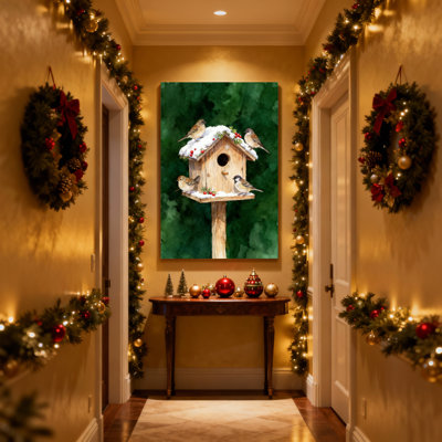 Oiseaux de Noël perchés sur un nichoir enneigé avec baies, ensemble de 3 impressions sur toile