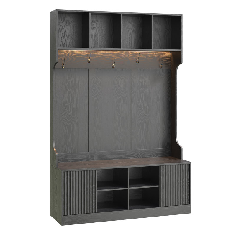 Arbre d'entrée de 47,2 po de largeur avec banc et rangement pour chaussures, banc d'entrée polyvalent avec portemanteau, 5 crochets doubles et 8 compartiments ouverts