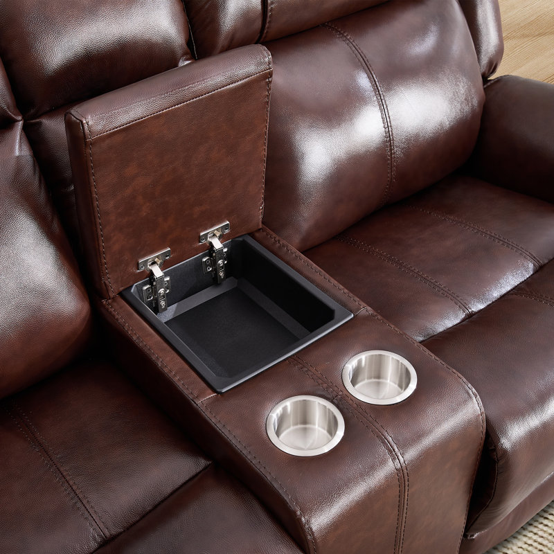 Ensemble de salon inclinable manuel en cuir véritable 3 pièces avec console de rangement et porte-gobelets