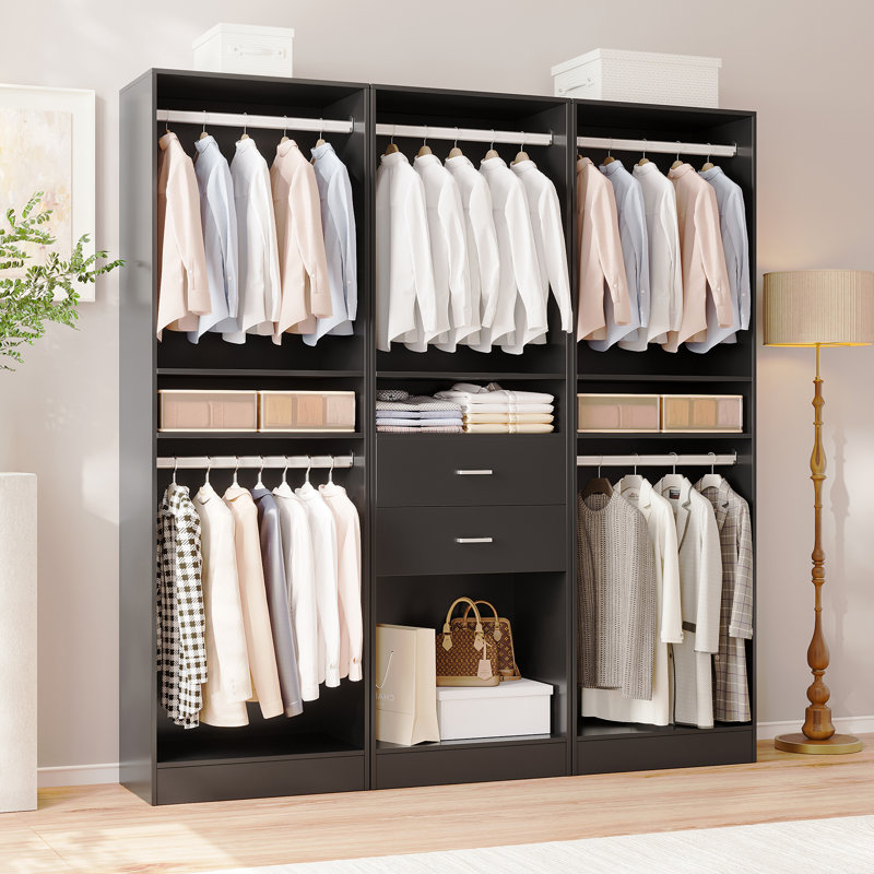 3-piece Set: 74.4"w Wardrobe Storage System With 2 Wooden Drawers And Hanging Rod, Black