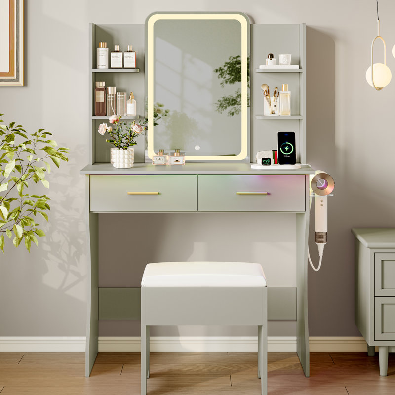 Ensemble de coiffeuse avec miroir à DEL Lacorsha, tabouret de bureau avec prise de courant, 2 tiroirs, 6 tablettes avec éclairage lumineux, 1 support pour sèche-cheveux