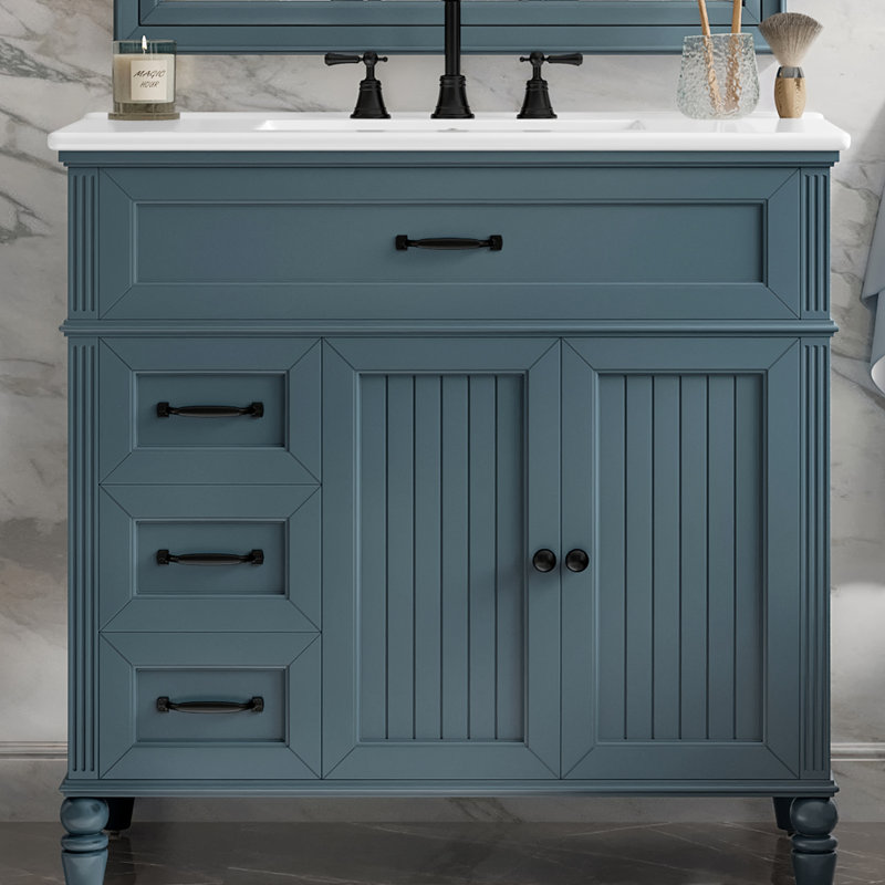 Meuble-lavabo de 36 pouces, bleu, structure en bois massif, planches, lavabo encastré en céramique, armoire avec portes, tiroirs pour rangement d'articles, cercle de débordement en métal, instructions d'assemblage