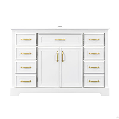 Meuble-lavabo de 47,8 po avec lavabo, armoire de salle de bain avec 6 tiroirs coulissants et 2 portes, charnières à fermeture en douceur, finition peinte lisse, fabrication robuste, blanc