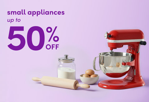 Small appliances up to 50% off featuring a red stand mixer, rolling pin, and ingredients on a light purple background.
