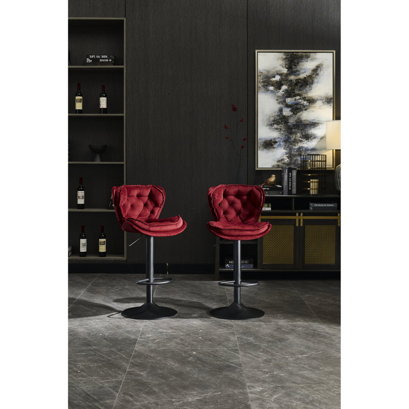 2pcs Red Bar Stool, Height Adjustable With Swivel, Velvet Upholstery, Foam Filled, Metal Structure, Non-slip Rubber Base, For Kitchen & 2 Stools, Swivel And Design, Upholstered, Filled Seat, Frame
