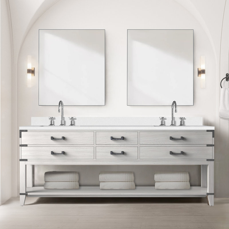 Meuble-lavabo double en chêne blanc 84 po X P 22 po D, dessus en marbre de Carrare, ensemble de robinet et Miroirs