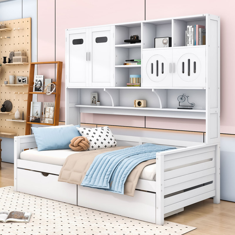 Wooden Daybed with Shelves and 2 Drawers, Twin, White